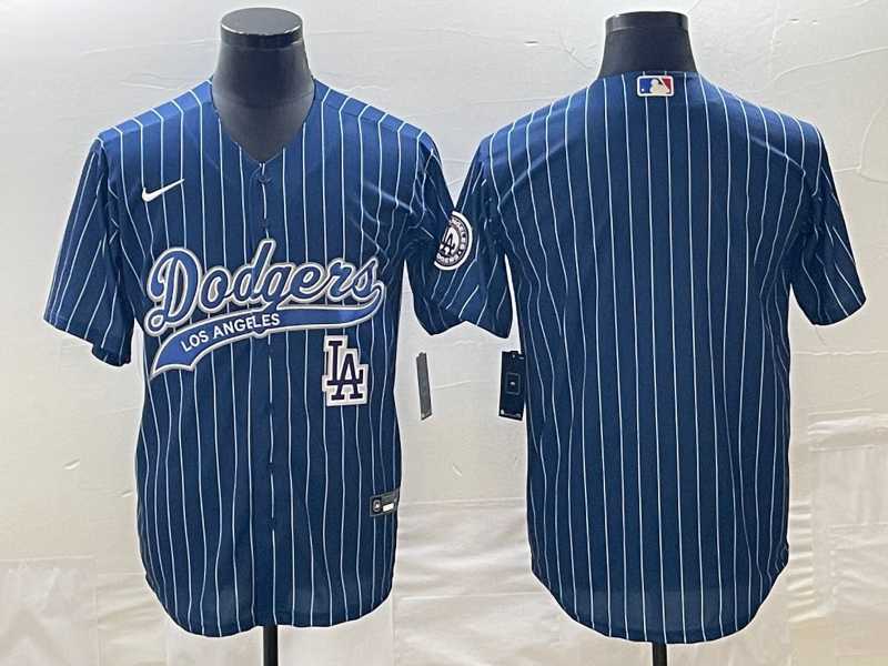 Mens Los Angeles Dodgers Blue Pinstripe Blank With Patch Cool Base Stitched Baseball Jersey